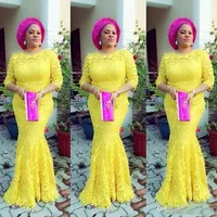 2019 Nigerian Yellow Mermaid Evening Gowns Half Sleeve African Prom Lugnar Elegant Full Long Party Dresses for Women