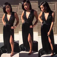 2020 Black Split Prom Dresses A Line Глубокий V-Образным Вырезом Аппликации Блестки Длинные Вечерние Платья Для Афроамериканцев Плюс Размер Вечернее Платье