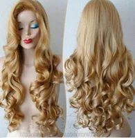 FREE SHIPPING+ ++ Women&#039;s long curly golden blonde with inclined bongs synthetic hair cosplay wigs