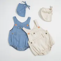 Toddler Girl Romper Baby Girls Denim Jumpsuits Hat 2pcs Sets Sleeveless Infant Climbing Clothes Sets Summer Kids Clothing DHW3462