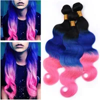 # 1b Blue Pink Ombre Mänskliga hårförlängningar Kroppsvåg Tre ton Virgin Hair Extensions Dark Root Blue och Pink Ombre Brasilianska Hårväv