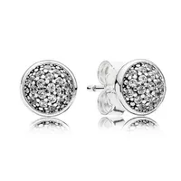 NEW Fashion Round Disc Stud EARRING for Pandora 925 Sterling Silver CZ Diamond Earrings with Original box set for Women Girls