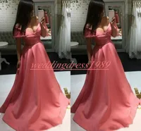 SEXY SATIN Watermelon Red Evening Dresses A-Line 2019 Off Ramię Pageant Party Prom Gown Robe de Soiree Plus Size Arabski Formalny Gość