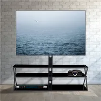 Glass Floor Media Stand Black Tempered Glass Height Adjusted Universal Swivel Entertainment Center With Mount TV Stand