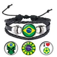 Nouveau cuir pour hommes Drapeau National Cabochon Charm Bracelet snap Brésil Ajuster la taille Bracelet en cuir pour les fans de football B047