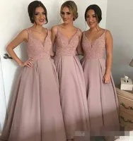 Dusty Pink Bridesmaid Dresses V Hals Spaghetti Straps Lyxig Beaded 2020 Satin Golvlängd Maid of Honor Gown Custom Made Bröllop Guest