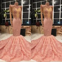 빈티지 높은 목 홍당무 핑크 3D 꽃 레이스 댄스 파티 드레스 2019 장착 된 인 어 공주 이브닝 파티 가운 사용자 정의 스윕 기차 반사 드레스