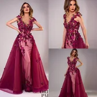 2020 Sexy Tony Chaaya vestidos de noite com trem destacável Borgonha Beads Sereia Vestidos de Prometos Lace Applique Sem Mangas Festa de Luxo Vestido