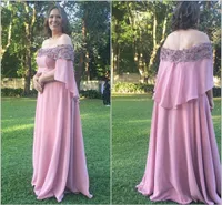2019 Pink Mother Of The Bride Dresses Off The Shoulder Chiffon 3D Floral Appliques Beaded Wedding Guest Evening Gowns Plus Size Customized