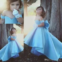 Cute Blue Off The Shoulder Girls Pageant Dresses Children Big Bow Satin High Low Flower Girl Dresses For Wedding Kids Birthday Party Gowns