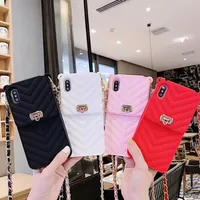 Plating Buckle Folio Silicone Wallet Pouch Fashion Case with Shoulder Strap Long Lanyard Wave Print Phone Shell for iPhone XS Max XR 7