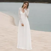 Billiga Lace Chiffon A Line Bröllopsklänningar Ny 2019 Sexig Öppen Back Bohemian Beach Bridal Gowns Långärmad Land Bröllop Engagement Dress