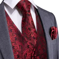 DIBOORD RED BLACK PAISLEY Mode Bruiloft Mannen 100% Zijde Vest Vest Ties Hanky ​​Manchetknopen Cravat Set voor Pak Tuxedo MJTZ-106