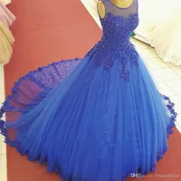 2018 Imagem Real Royal Azul Doce 16 Dreses Prom Noite Wear Jewel Applique Pérolas Cheap Quinceanera Vestido Vestidos de 15 Anos Quinceañera