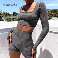 Moda Yaz Yoga Seti Kadınlar İki 2 Adet Gri Uzun Kollu Crop Top Tişört Şort Seksi Sportsuit Egzersiz Kıyafet Gym Spor Seti