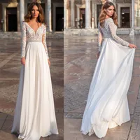 Bohemian 2020 Chiffong Beach Bröllopsklänningar Långärmad V Neck Lace Bridal Dress Wedding Gowns Arabic Robe de Mariée