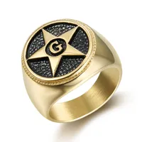 Retro Silver Gold Stainless Steel Masonic Signet Ring Men&#039;s Fashion Shining Freemason Five Star Symbol G emblem regalia Jewelry Wholesale
