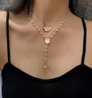 Mode Retro Pearl Angel Cross Geometrische Ketting voor Vrouwen Goud Zilver Kleur Lange Ketting Boho Gelaagde Choker Necklace