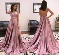 Sexy Blush Pink Prom Dresses Long Cheap Halter V Neck Party Gown High Side Split Plisados ​​Longitud del piso Vestidos de noche formales Vestidos de