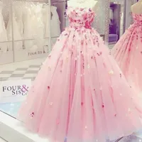 Rosa vestidos de fiesta escote corazón flores hechas a mano vestido de bola de tul longitud del piso flores 3d vestidos de noche rosa