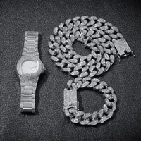 Hip hop bling chaînes bijoux hommes collier glacé de diamant miami chaîne cubaine rose or argent montre colliers bracelet ensemble