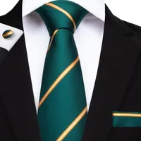 Livraison rapide Homme Cravate Set Stripe Fashion Vert Cravates Cravouille de manchette Hanky ​​pour costume Business formelle Casual Suitn-7094