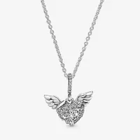 100% 925 Sterling Silver Pave Heart And Angel Wings Halsband Mode Kvinnor Bröllop Förlovning Smycken Tillbehör