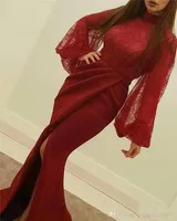 Arabski Wysoki Neck Dark Red Lace 2019 Syrenki Suknie Wieczorowe Długie Rękawy Satin Mermaid Split Ruched Evening Party Prom Dresses