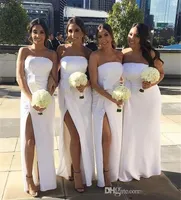 Elegante pure witte strapless bruidsmeisjes jurken 2020 plus size schede split avond prom bruiloft gastjurk met strik