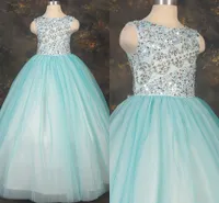 Glitter Aqua Ball Gown 2020 Girls Pageant Dresses Beading Flowers Crystals Sequins Birthday Graduation Dress Flower Girl Dress For Wedding