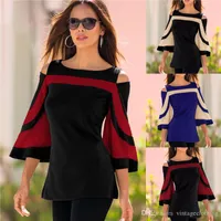 Women Best Blouse Black White Color block Bell Sleeve Cold Shoulder Top Mujer Camisa Feminina Office Ladies Clothes S-2XL
