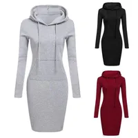 5 Colour S-2XL Women Knee Length Casual Hooded Dress Pencil Hoodie Long Sleeve Sweater Pocket Bodycon Tunic Dresses Top