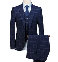 Royal Blue 3 Pieces Mens Suits Plaid Slim Fit Wedding Suits Grooml Tuxedos för bröllop (jacka + byxor + väst)