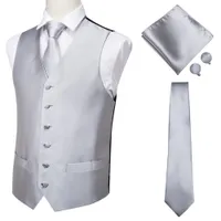 MJ-0001 Hi-Tie Men Vest Silk Waistcoat Vest Högkvalitativ Handkerchief Manschettknappar Tie Västar Sätta Silver Grå Solid Västar För Mens CX200623