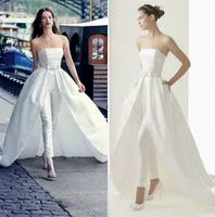 2019 Mode Pants Anzüge Brautkleider mit abnehmbarem Zug Jumpsuit Brautkleider Trägerloses Formal Kleid besondere Anlässe