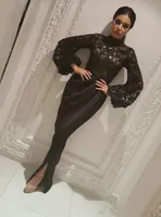 Elegant Dubai Saudi Arabic с длинным рукавом вечерние платья с длинным рукавом, прозрачные блестки черный мусульманский сплит длинный выпускной Pageant Pageant Robe de Marie Party Partys