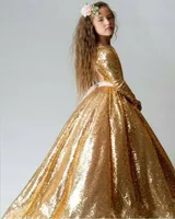 2020 New Gold Sequined бального платья девушка Pageant платье Jewel шея с длинными рукавами Открытой Назад Sweep Поезд Детских Цветочниц платья рождения Gowns
