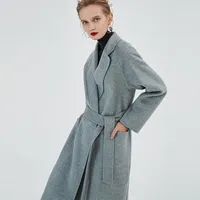 2019 grey water moire double sided womens cashmere coats ladies belted waist wool coats dhl free shipping