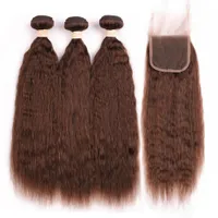Medio Brown de Malasia, Yaki grueso, cabello humano, 3 paquetes con cierre n.º 4, chocolate marrón, rizado, tramas de cabello recto, con encaje, cierre superior, 4x4