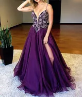 A Line Purple Prom Dresses 2019 Spaghetti cinghie laterali Split Organza Piano Lunghezza Evening Party Dress Robe de soiree SE257