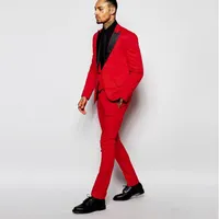 Ny senaste design Röda män Passar Prom Wear Black Wide Peaked Lapel Två knappar 3 stycken Slim Fit Men Blazer Jacka + Byxor + Vest 488