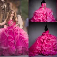 Fuchsia Spaghetti Straps Tulle Ball Gown Flower Girl Dresses Crystal Beaded Tiered Ruffles Girl Formal Party Birthday Pageant Gown BC2871