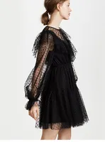 V-neck Polka Dot Perspectiva ondulado Ruffled Black Lace vestido luva Lantern cintura alta A-Line Jumper Skirt