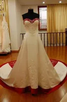 Stunning White And Red Embroidery Wedding Dresses Gown Real Photo Sweetheart Satin Sliver Beads Sequins Bridal Gowns