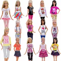 1 PCs handgefertigtes Modezubehör-Outfit Kurzkleid Cartoon süßes Muster T-Shirt Leggings Hosen Accessoires Kleidung für Barbie Doll Spielzeug
