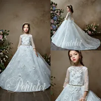 Pentelei Princess Flower Girl Dress 2019 Ballgown Birthday Wedding Partyパーティーホリデーウエディングガイドの宝石の首の首の長袖