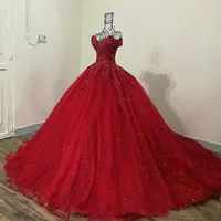 2020 Sparkly Red Lace Applique Quinceanera Dresses Off Shoulder Sweetheart Neck Ball Gowns Tulle Prom Dress Quinceanera Gowns