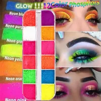 12 Kolory / Pudełko Fluorescencyjne Neon Pigment Eye Shadow Makeup Paleta Glitter Shimmer Eyeshadow Face Body Nail Art Cosmetics Tools