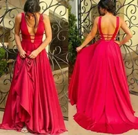 Partito con scollo a V chiffon abiti profonda Evening Wear unico Aperti sexy indietro Red Prom Dresses Fashion arabo di Dubai sera Abito lungo Backless su ordinazione
