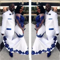 Yeni Beyaz Saten Kraliyet Mavi Dantel Aso Ebi Afrika Elbiseler Uzun Illusion Kollu Aplike Örgün Abiye PAGEANT Gelinlik